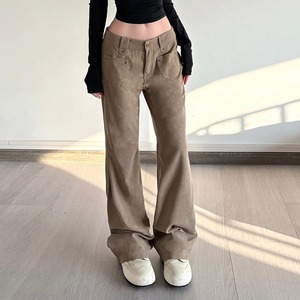 Women's Corduroy Loose Pants Style Brown Low Rise Flare Patchwork Pockets Plain Dyed 100% Polyester Breathable - Product Image 1