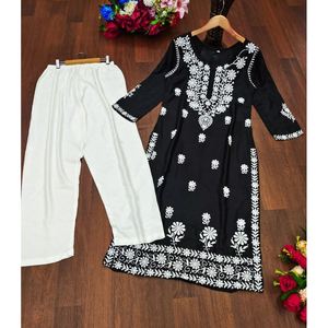 แฟชั่นผ้าเรยอนผ้าฝ้าย Chikankari ปักลายด้วยสีดำพาลาซโซ - Product Image 1