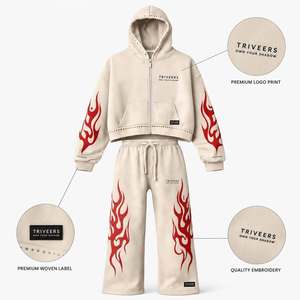 High Quality Unisex Oversized Zip-up Hoodie Joggers Set Red Flame Graphic Streetwear Tracksuit Casual Winter 100% Cotton Set - Product Image 4