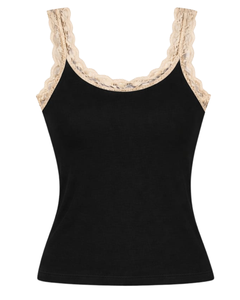 Camisole en coton noir personnalisée pour femme avec dentelle, coupe ajustée, sans manches, débardeur décontracté d'été, doux, respirant, style basique pour tous les jours - Product Image 1