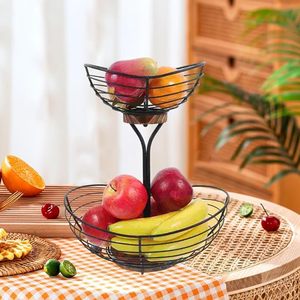 Cesta de frutas de alambre de Metal negro de 2 niveles con Base de madera, patrón de granja moderno, encimera redonda, lazos de almacenamiento de cocina para fiestas - Product Image 3
