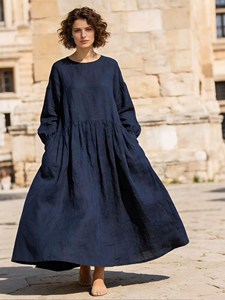 Robe longue bohème pour femme en coton et lin bleu marine, manches longues, col rond, coupe ample, unie, fluide, décontractée, pour l'été - Product Image 4