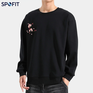 Men's Black Crew Neck Pullover Sweatshirt with <b>Cherry</b> Blossom Embroidery Regular Fit Casual Autumn Wear 100% Cotton Fleece - Product Image 3