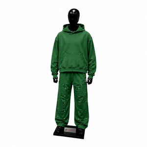 Conjunto Deportivo Verde para Hombre con Capucha, Color Sólido, Corte Holgado Informal, Sudadera y Pantalones Largos de Algodón, Ropa de Otoño, Talla Grande - Product Image 1