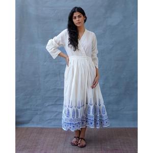 Womens White Cotton Maxi <b>Dress</b> With Blue Block Print Long Sleeve Boho Wrap Style Summer <b>Dress</b> - Product Image 1