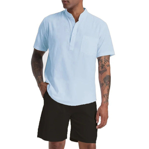 Men's Black Cotton Short Sleeve Henley Shirt & Shorts <b>Set</b> Casual Summer Breathable <b>Knitted</b> 2-Piece Outfit - Product Image 3