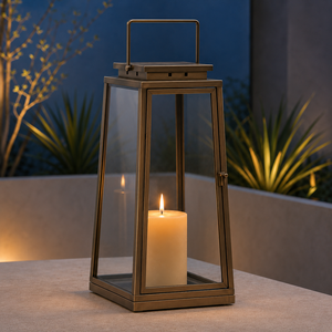 Farol de vela contemporáneo de acero inoxidable de primera calidad con un distintivo marco de trípode y un diseño geométrico único para colgar. - Product Image 2