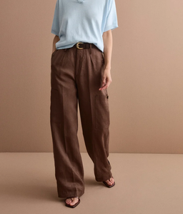 <span class=keywords><strong>Pantaloni</strong></span> da Donna a Gamba Larga, Vita Alta, Eleganti per Ufficio, Personalizzati, Marrone Scuro, Plissettati, in <span class=keywords><strong>Lino</strong></span>, Stile Cargo - Product Image 1