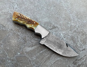 Custom Handmade OEM DIY Skinner Hunting Gut <b>Hook</b> Knife Damascus Steel Bone Handle <b>Clip</b> Point 8in Overall Leather - Product Image 4