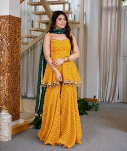 Traje Anarkali de Algodón con Puntos Amarillos para Mujer, con Dupatta Verde, Corte Holgado, Largo hasta el Suelo, Estilo Tradicional Indio-Pakistaní - Product Image 3