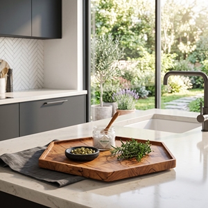 Juego de Utensilios de Cocina de Madera de Teca Sólida de Grado Alimenticio, Plato Hexagonal, Plato de Madera Hecho a Mano, Tabla de Servir Geométrica Artesanal Balinesa - Product Image 3