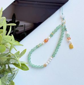 Eco-Friendly Green Jade Bead Phone Strap Pearl Orange Stone Charm Alloy <b>Keychain</b> Handmade Classic Modern Design Lightweight - Product Image 6