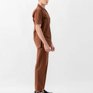 Men's Minimalist Two Piece Lounge Set Premium 100% Cotton Button Shirt and <b>Elastic</b> Waist Relaxed Straight Leg Trousers - Product Image 2