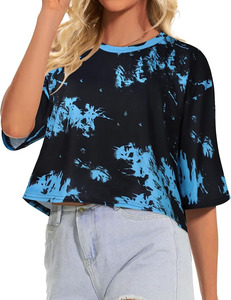 <b>Women's</b> Tie Dye Printed Formal Regular Length Tank <b>Tops</b> Crew Neck Short Sleeve Knitted Breathable 100% Cotton Solid <b>Mesh</b> - Product Image 3