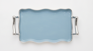 Plateau de service rectangulaire moderne en métal émaillé bleu avec poignées ondulées uniques, décoration esthétique pour la maison, centre de table, vaisselle - Product Image 3