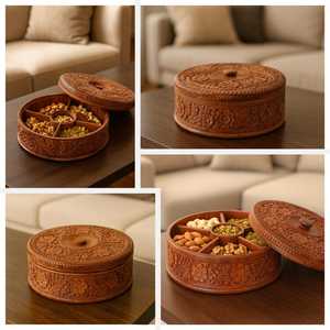 Handmade Polished <b>Wooden</b> <b>Square</b> Tray Carved Floral Design Divided Compartments Multifunction for Nuts Dried Fruits Tabletop - Product Image 5