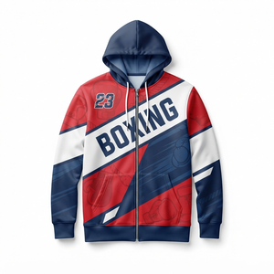 Sudadera con Capucha Unisex para Boxeo, Roja, Azul y Blanca, con Estampado por Sublimación, Bolsillo Delantero, Corte Holgado, Estilo Deportivo Invernal, Secado Rápido, Personalizable - Product Image 1