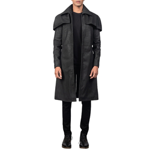 <b>Men's</b> <b>Black</b> Genuine Leather Knee Length Overcoat Open Front Turn Down Collar <b>Trench</b> <b>Coat</b> - Product Image 3