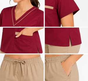 Top-Sell Breathable Medical <b>Scrubs</b> <b>Set</b> Women's Cotton V-Neck <b>Scrub</b> Top With Chest Pocket And Beige Pants Hospital Uniform <b>Set</b> - Product Image 3