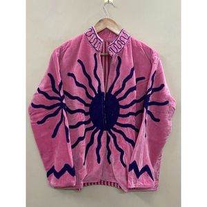 Hand Embroidered <b>Velvet</b> Cotton Jacket <b>Women</b> Mandarin Collar Full Sleeve Winter Bohemian Eye Pattern Open Front <b>Coat</b> - Product Image 6