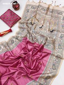Sari en soie Tussar de haute qualité avec imprimé floral coloré et bordure à motif paon et pallu Madhubani peint à la main - Exportateur indien - Product Image 3