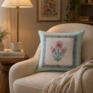 Floral Hand Block Print Cushion Cover Handmade Cotton <b>Throw</b> Pillow Cover <b>for</b> Sofa <b>Couch</b> Living Room Decor - Product Image 1