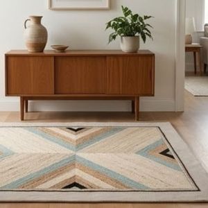 Tapis d'intérieur moderne à tissage plat géométrique, crème, vert sarcelle, beige, motif chevron, rectangulaire, antidérapant, mélange de laine, du meilleur fabricant indien - Product Image 5