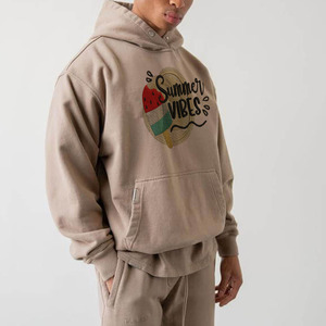 Conjunto Deportivo de Algodón Beige para Hombre, Sudadera con Cuello Redondo y Estampado Summer Vibes, Pantalones Deportivos Largos, Ropa Casual con Bolsillos Laterales - Product Image 3