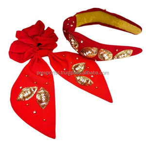 Game Day <b>Red</b> Scrunchie with Tail Gold <b>Sequin</b> Football Embroidery Elastic Hair Bow Custom Ponytail Holder for Sports Fans Cheer - Product Image 2