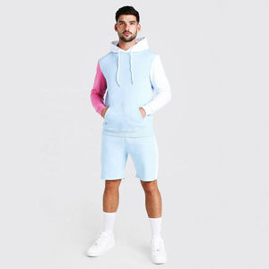 Custom Color Block Sleeveless Hoodie Shorts <b>Set</b> Cotton Fleece Unisex Streetwear Summer Outfit OEM Private Label Ready - Product Image 1