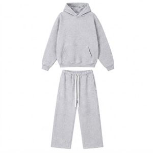 Ensemble de survêtement gris à capuche anti-plis pour homme, manches longues, couleur unie, coupe décontractée, pantalon à cordon de serrage, 100 % coton, automne - Product Image 5