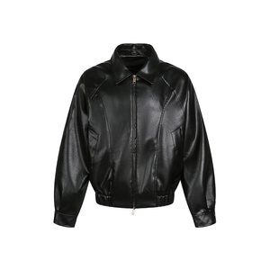 New Arrival Men's Cleanfit Loose Lapel Blazer Zipper Cropped <b>Long</b> Sleeve Bomber <b>Jacket</b> Solid Color Pu <b>Leather</b> - Product Image 2