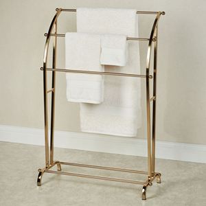 Toallero de pie de doble nivel con acabado dorado, organizador de almacenamiento para baño, diseño metálico de estilo moderno, para ropa de sala de estar - Product Image 1