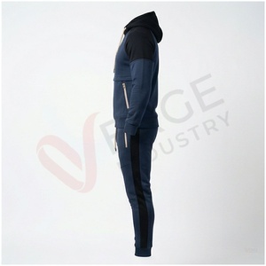 Ensemble de survêtement bleu marine pour homme, à capuche, manches longues, imprimé géométrique, poches latérales, cordon de serrage, vêtements décontractés pour l'automne - Product Image 3