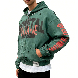 Vente en gros de sweats à capuche pour hommes en molleton épais vintage, style hip-hop, avec strass, effet vieilli, unis, personnalisables, délavés à la pierre et découpés au laser - Product Image 2