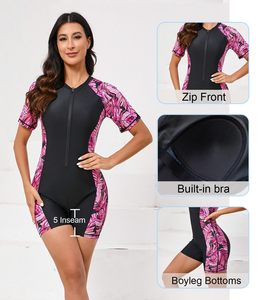 Women <b>Black</b> Floral Print <b>Short</b> <b>Sleeve</b> Rash Guard Swimwear Anti-UV Spandex Polyester Sports Wear Outdoor Clothing - Product Image 4
