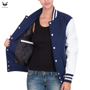 Women's Navy Blue Varsity Jacket With White Sleeves Best Selling Highest Quality Winter Outer Wear Customized Jackets For Women - Product Image 5