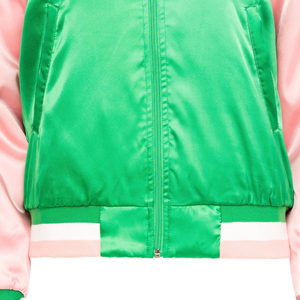 Crest Satin Bomber <b>Jacket</b> Pink and Green <b>Women</b> Sorority Inspired Embroidered Varsity Coat <b>Lightweight</b> Casual Greek Style - Product Image 6