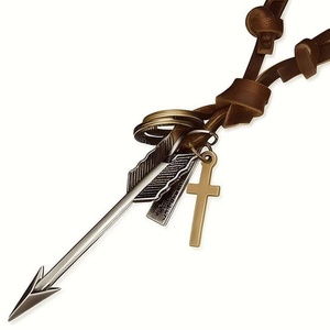 Vintage Alloy Silver Arrow Pendant Necklace with Adjustable Leather Cord for Men & Boys - Product Image 3