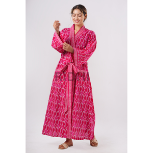 Bata de Baño Kimono para Mujer 100% Algodón Puro, Estampado Floral Ikat Rosa sin Costuras de Ridhi's, Transpirable para Primavera y Otoño - Product Image 3