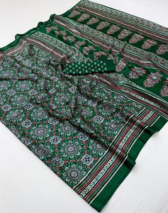 Sari traditionnel indien en soie pure satinée modal, imprimé numérique AJRAKH, doux et élégant pour les occasions spéciales - Product Image 2