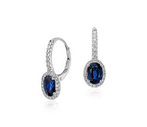 Pendientes colgantes de oro de 10 quilates con zafiro azul ovalado y halo de diamantes (naturales) - Product Image 1