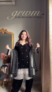 Conjunto de Salwar Kameez de Terciopelo Negro Bordado, Traje de Kurta Pajama para Mujer, Estilo Pakistaní e Indio, para Bodas y Fiestas - Product Image 3