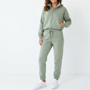 Ensemble de survêtement en molleton vert pour femmes, manches longues, à capuche, couleur unie, décontracté, sportif, respirant, séchage rapide, 2 pièces, poches, fermeture éclair - Product Image 1