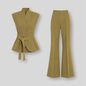 Ensemble de vêtements de bureau pour femmes, deux pièces, haut à manches courtes avec ceinture, pantalon évasé en spandex extensible, OEM/ODM NELLY - Product Image 6