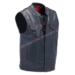 Gilet en cuir personnalisé pour homme, gilet de motard en cuir véritable pour homme avec surpiqûres rouges et doublure intérieure en polyester - Product Image 2