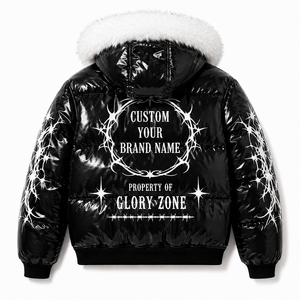 Blouson matelassé noir personnalisé en similicuir verni avec capuche en fourrure et motif graphique fil de fer barbelé pour homme et femme, idéal pour l'hiver et les activités de plein air - Product Image 2