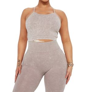 2025 Vintage ácido lavado 100% algodón Mujer peso pesado pantalones de chándal conjunto Delgado pierna recta 2 piezas Tops cortos personalizado sólido - Product Image 1