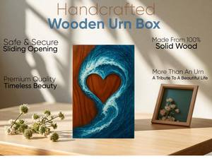 Urna de madera de nogal hecha a mano con recorte de corazón de resina con diseño de olas oceánicas, caja única para cenizas humanas, tamaño mediano 9x5.5 pulgadas. - Product Image 5