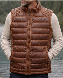 Gilet matelassé en cuir d'agneau véritable pour homme, style délavé, matelassage losanges, fermeture éclair, sans manches, veste d'hiver - Product Image 1